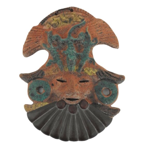 Aztec Mayan Warrior Terracotta Clay Wall Mask Alligators Brass Beard 10" Mexico - Picture 7 of 11